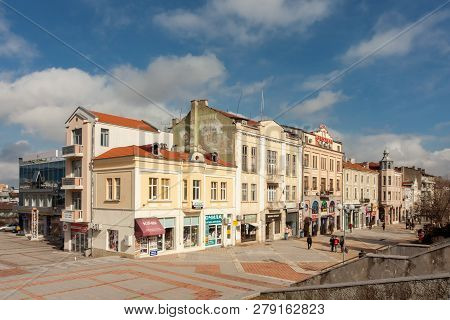 Shumen, Bulgaria, February  12, 2016: View Over Main Street In Shumen, Bulgaria.