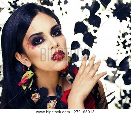Pretty Brunette Woman With Rose Jewelry, Black And Red, Bright Make Up Kike A Vampire Closeup