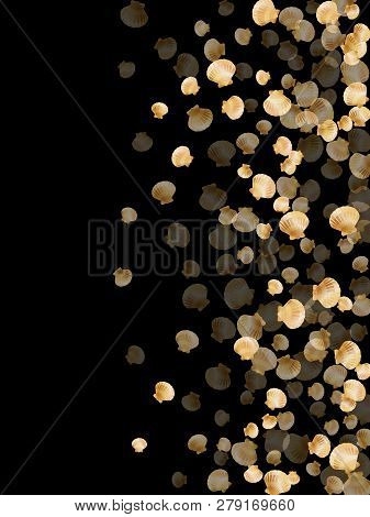 Gold Seashells Vector, Golden Pearl Bivalved Mollusks. Ocean Scallop, Bivalve Pearl Shell, Marine Mo