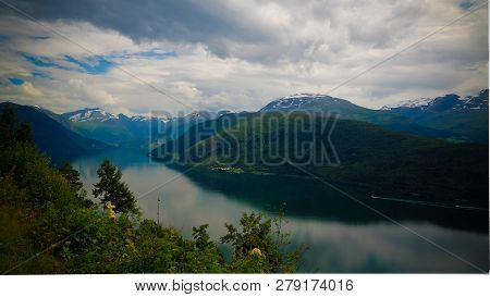 Landscape Panoramic View To Innvikfjorden, Innvik And Utvik Village In Norway