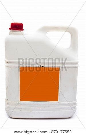 Close Up Of White Colored Jerrican Or Plastic Jerrican Or Jerry Can Isolate On White Used For Contai