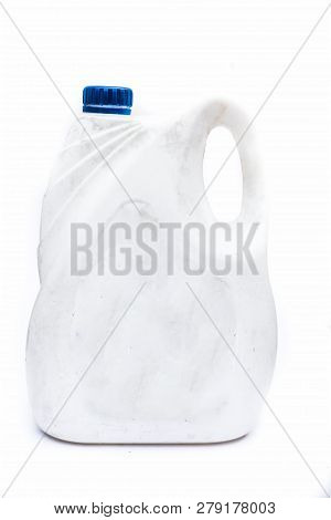 Close Up Of White Colored Jerrican Or Plastic Jerrican Or Jerry Can Isolate On White Used For Contai