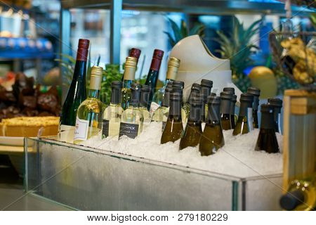 DUSSELDORF, GERMANY - CIRCA OCTOBER, 2018: bottles on display at Marche Movenpick in Dusseldorf Airport