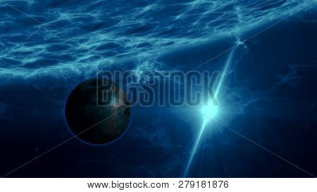 Earth-like Planet Orbiting In Distant Quasar System. Rocky Exoplanet Over Blue Star Surface With Ene