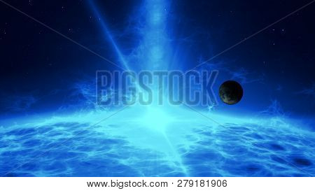 Rocky Exoplanet Orbiting In Distant Quasar System. Earth-like Planet Over Blue Star Surface With Pla