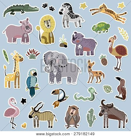 Big Vector Sticker Pack - Set With Cute African Animals - Lion, Giraffe, Hippopotamus, Rhino, Elepha