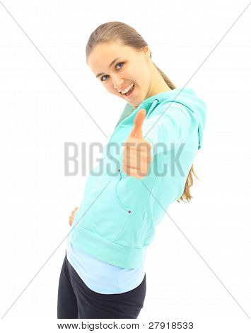 Young woman showing OK. Looking at camera and smiling. Front view. White background.