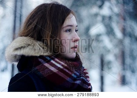 Brown-haired Girl In The Winter Forest Rosy From The Cold