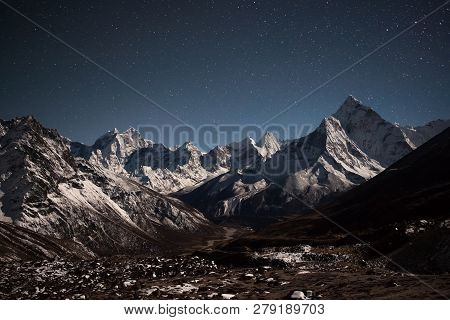 Ama Dablam Mountain Panoramic View On A Starry Night. Bizarre Photo.