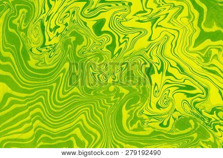 Suminagashi Marble Texture Hand Painted With Light Green Ink. Digital Paper 1589 Performed In Tradit