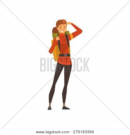 Smiling Young Woman With Backpack, Outdoor Adventures, Travel, Camping, Backpacking Trip Or Expediti