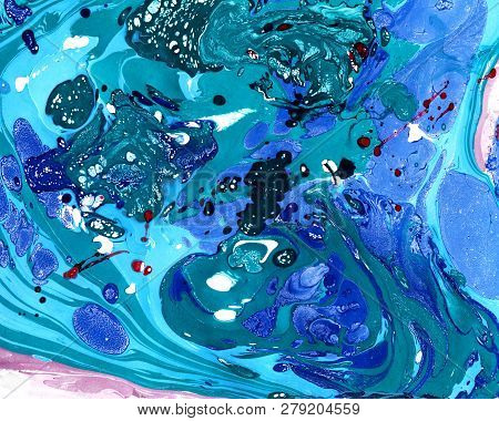 Abstract Marbling, Ebru Style Background With Waves And Splashes Of Blue, Green And Violet Colors. C