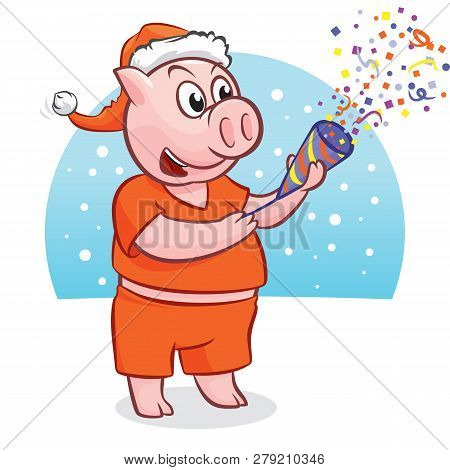 Cute Piggy In Santa Clauss Hat With Petard