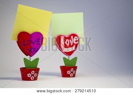 White Background. Wooden Hearts With Clothespegs For Stickers On A Spring. Congratulation. Invitatio