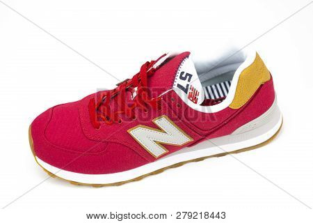 Boston, Ma, Usa, January 2019 - New Balance Nb 574 Athletic Shoes On Studio Background Close-up. New
