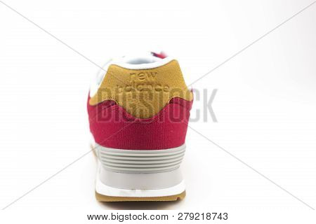 Boston, Ma, Usa, January 2019 - Back Of New Balance Nb 574 Athletic Shoes On Studio Background. New 