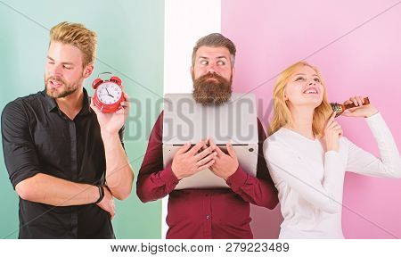 Girl Brushing Hair Men Work Laptop. Punctuality And Timing. Annoyed Boss. Unpunctual People Usually 