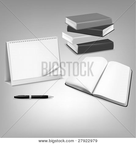 Пустой календарь, пустая книга и перо. Вектор.