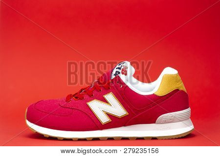 Boston, Ma, Usa, January 2019 - New Balance Nb 574 Athletic Shoes On Studio Background. New Balance 