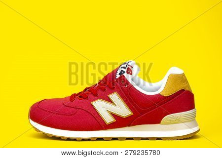 Boston, Ma, Usa, January 2019 - New Balance Nb 574 Athletic Shoes On Studio Background. New Balance 