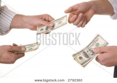 Zakenlieden Hand en Amerikaanse Dollars geïsoleerd op wit