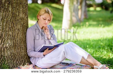 Self Improvement Book. Business Lady Find Minute To Read Book Improve Her Knowledge. Girl Lean On Tr