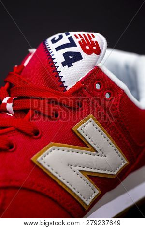 Boston, Ma, Usa, January 2019 - New Balance Nb 574 Athletic Shoes On Studio Background. New Balance 
