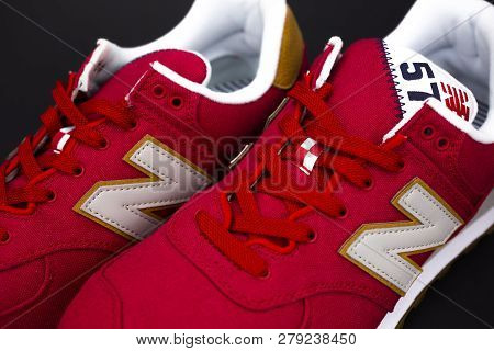 Boston, Ma, Usa, January 2019 - New Balance Nb 574 Athletic Shoes On Studio Background. New Balance 
