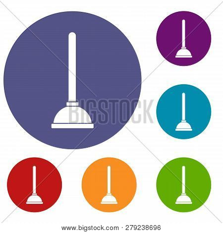 Toilet Plunger Icons Set In Flat Circle Reb, Blue And Green Color For Web