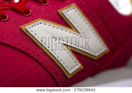 Boston, Ma, Usa, January 2019 - New Balance Nb 574 Athletic Shoes On Studio Background. New Balance 