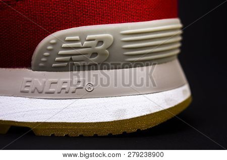 Boston, Ma, Usa, January 2019 - New Balance Nb 574 Athletic Shoes On Studio Background. New Balance 