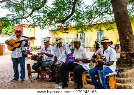 Trinidad, Cuba - 2019.traditional Cuban Musicians Playing Songs For Tourists In Trinidad, Cuba.