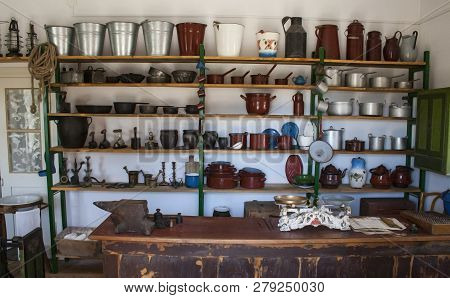 Lublin, Poland, August 2018: Interior Of Old Ironware Store, Open Air Village Museum