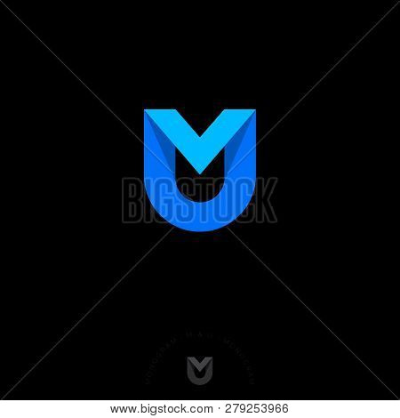 M And U Letter. M, U Origami Monogram Consist Of Blue Ribbon. Web, Ui Icon, Isolated On A Dark Backg