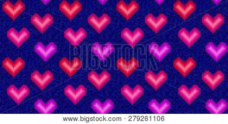 Pixel Hearts Pattern. Valentines Day. Trendy Old Game Style. Love. Old-fashion Arcade Theme. Romanti