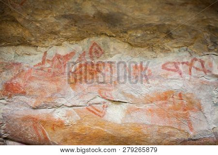 Prehistoric Paintings On Rock Known As Petroglyphs In The Municipality Of Facatativa In Colombia