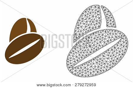 Polygonal Mesh Cacao Beans And Flat Icon Are Isolated On A White Background. Abstract Black Mesh Lin
