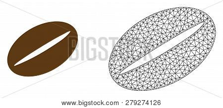 Polygonal Mesh Coffee Bean And Flat Icon Are Isolated On A White Background. Abstract Black Mesh Lin