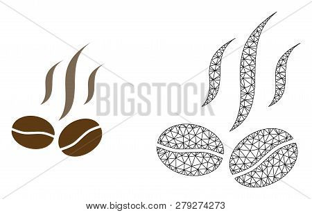 Polygonal Mesh Coffee Beans Smell And Flat Icon Are Isolated On A White Background. Abstract Black M