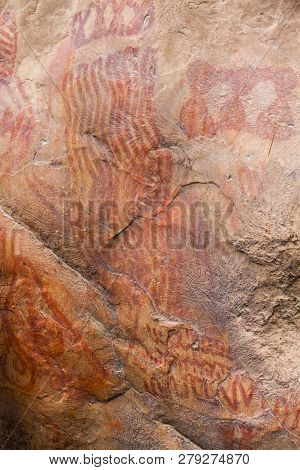 Prehistoric Paintings On Rock Known As Petroglyphs In The Municipality Of Facatativa In Colombia