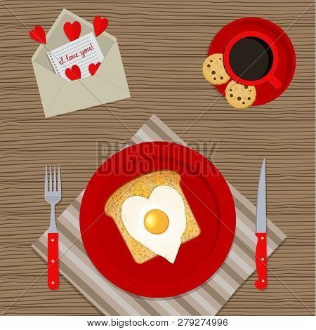 Romantic Breakfast For Valentines Day. Fried Eggs In The Shape Of A Heart And A Toast On A Red Plate