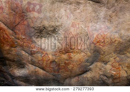 Prehistoric Paintings On Rock Known As Petroglyphs In The Municipality Of Facatativa In Colombia