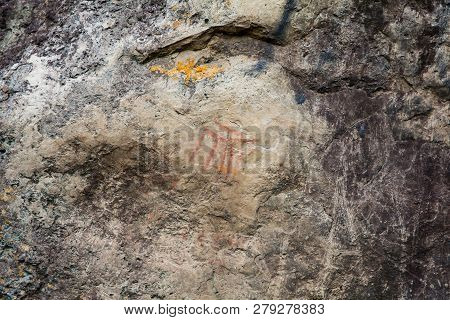 Prehistoric Paintings On Rock Known As Petroglyphs In The Municipality Of Facatativa In Colombia