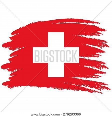 Flag Of Switzerland. Brush Painted Flag Of Switzerland. Hand Drawn Style Illustration With A Grunge 