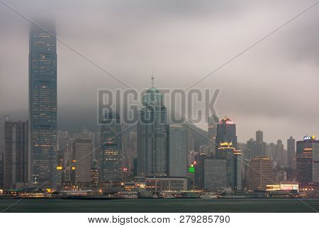 Hong Kong Island, China  - May 12, 2010: Evening Skyline With 1ifc, 2ifcl, The Center And More Under