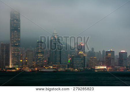 Hong Kong Island, China  - May 12, 2010: Night Skyline With 1ifc, 2ifcl, The Center And More Under D