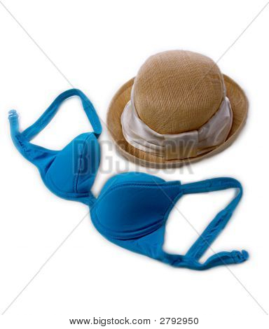 Summer Straw Hat And Blue Bikini Bra