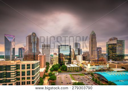 Charlotte, North Carolina, USA uptown skyline at twilight. 