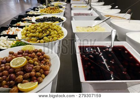 Olives And Sauces On The Buffet. Assortment