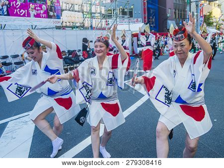 Tokyo - Aug 26 : Participants In The Awa Odori Festival In Tokyo, Japan On August 26 2018. Awa Odori
